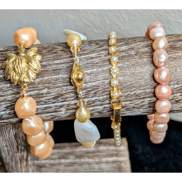Lot of Four Pink Pearl Gold Tone Themed Bracelets - Picture 1 of 7